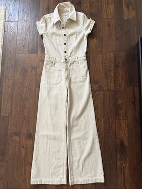 ROLLA'S Cream Short-Sleeve Button Front Wide-Leg Jumpsuit